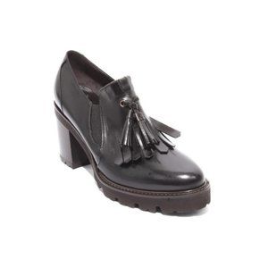 ITALIAN Black Leather Elastic Fringe Heel Platform Shoes